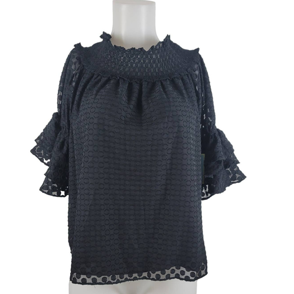 CeCe Women's High Neck Tiered Bell Sleeve Black Blouse S NWT